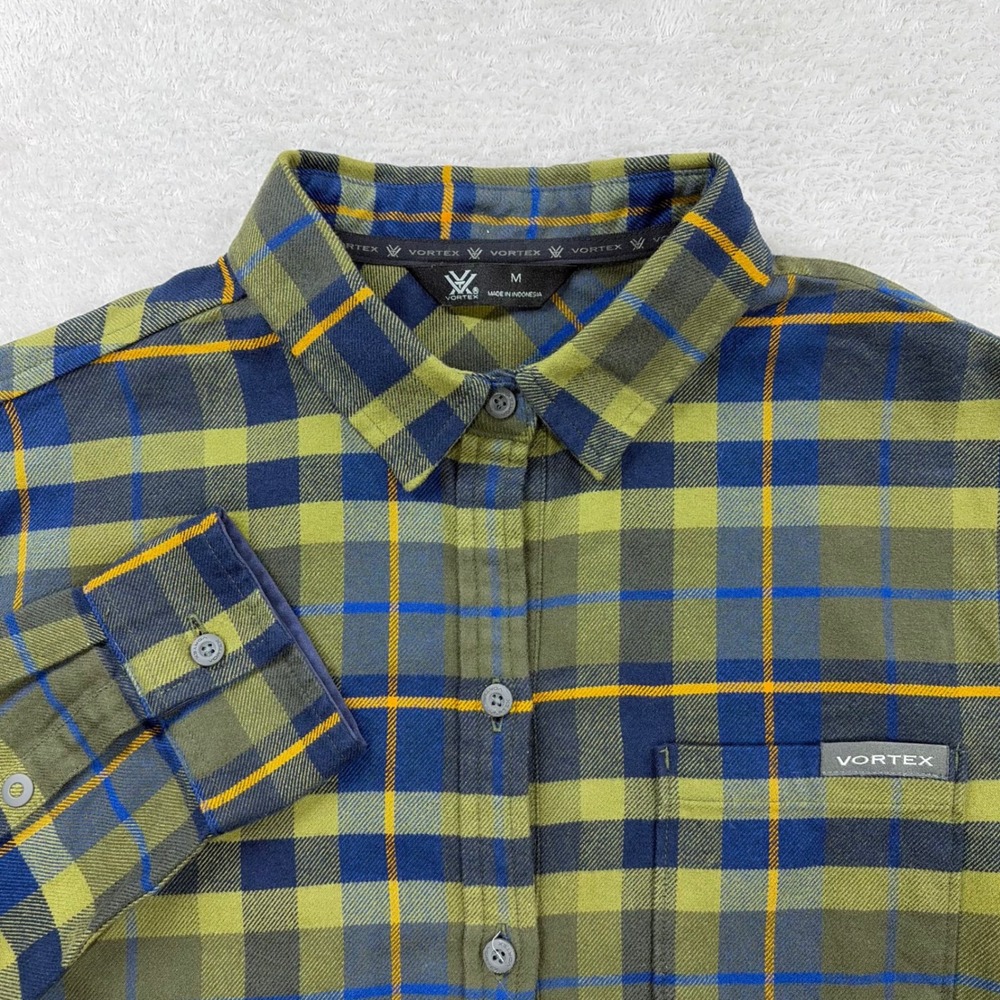 Vortex Timber Rush Flannel Women Medium Olive Green Plaid Button Down Lens Cloth